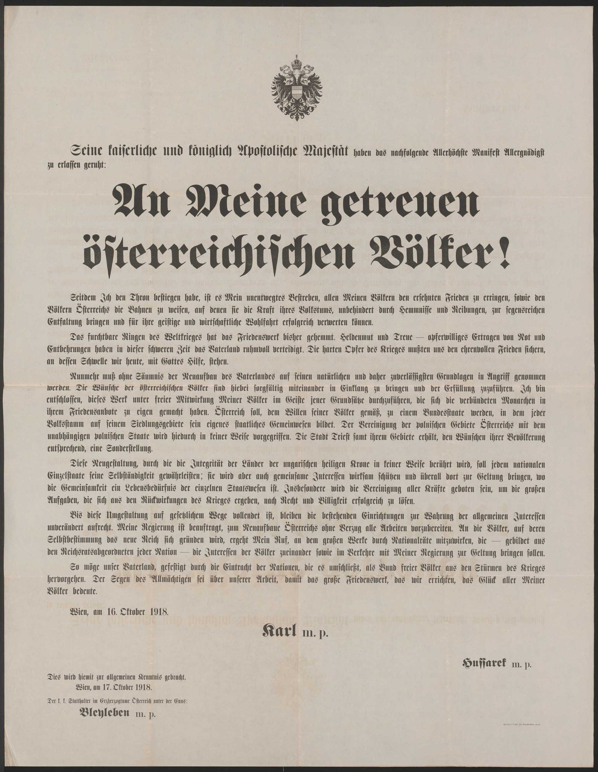 To My faithful Austrian peoples’ – Emperor Karl’s manifesto
